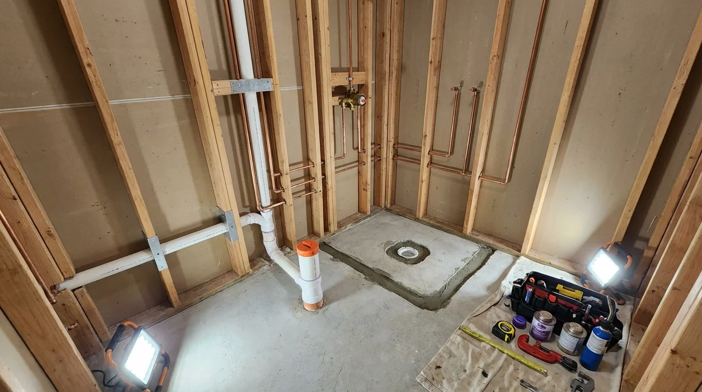 Bathroom rough-in plumbing during remodel by Johns Plumbing LLC in Melville
