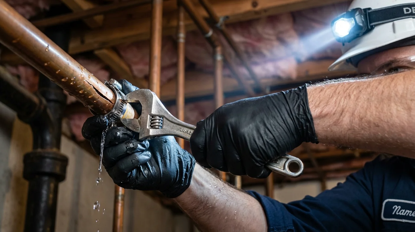 Emergency pipe clamp repair being performed by a Johns Plumbing LLC plumber in Melville