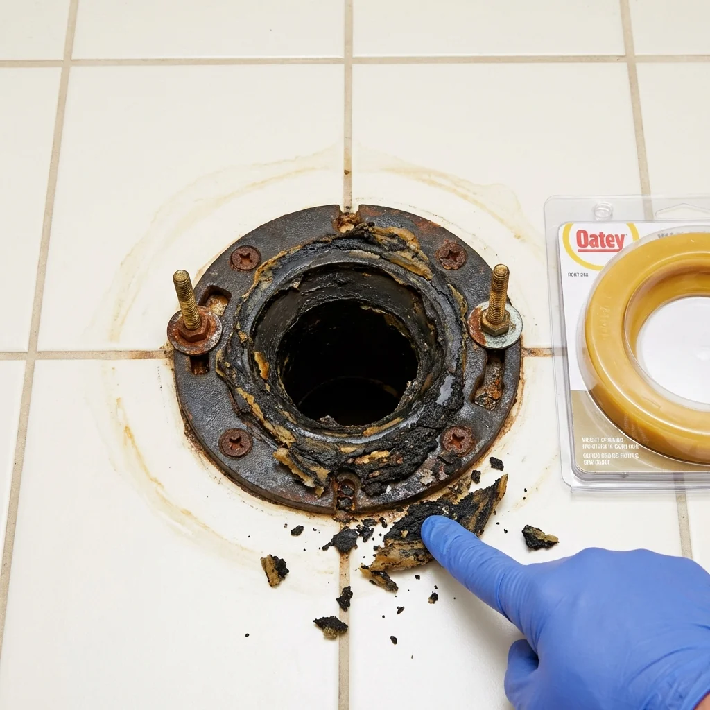 Failed wax ring showing water seepage at the base of a toilet in a Melville, LA home